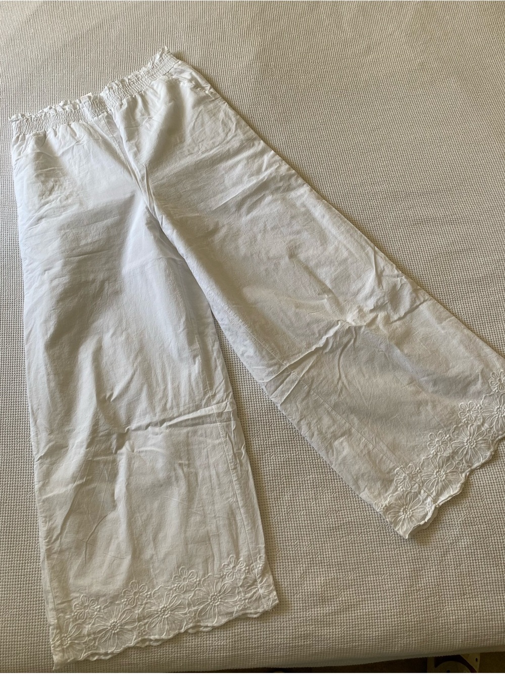White Embroidered Wide-Leg Pants